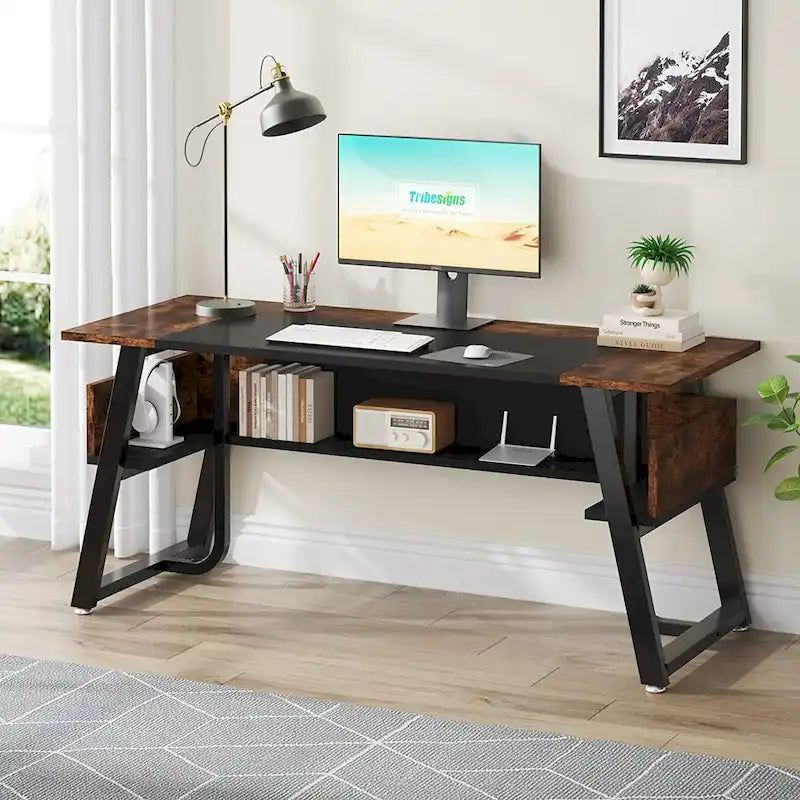 Large Executive Computer Desk with Storage Shelf Rustic Brown Metal Frame