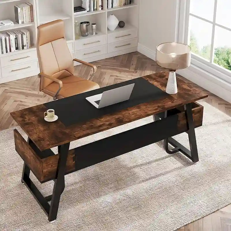 Large Executive Computer Desk with Storage Shelf Rustic Brown Metal Frame