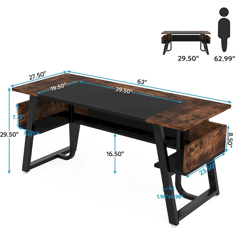 Large Executive Computer Desk with Storage Shelf Rustic Brown Metal Frame