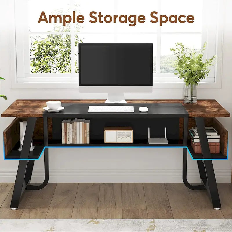 Large Executive Computer Desk with Storage Shelf Rustic Brown Metal Frame