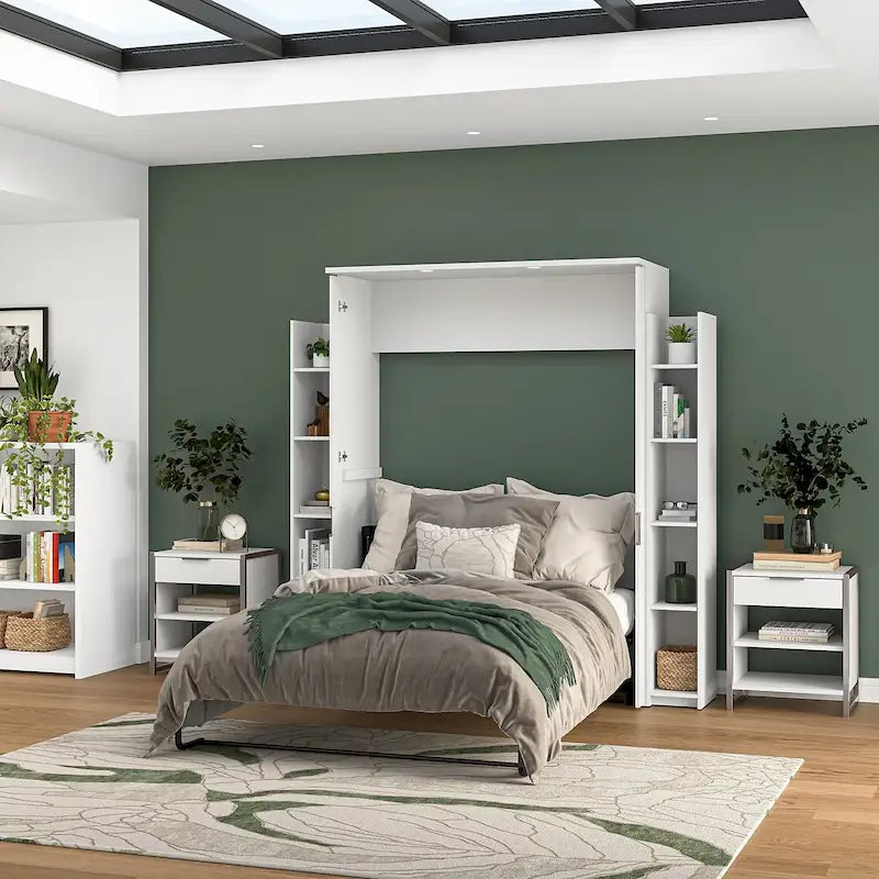 White Full Size Wall Bed with Side Shelves and LED Lights