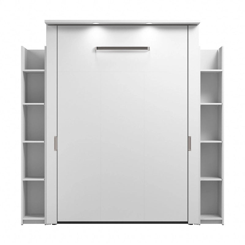 White Full Size Wall Bed with Side Shelves and LED Lights