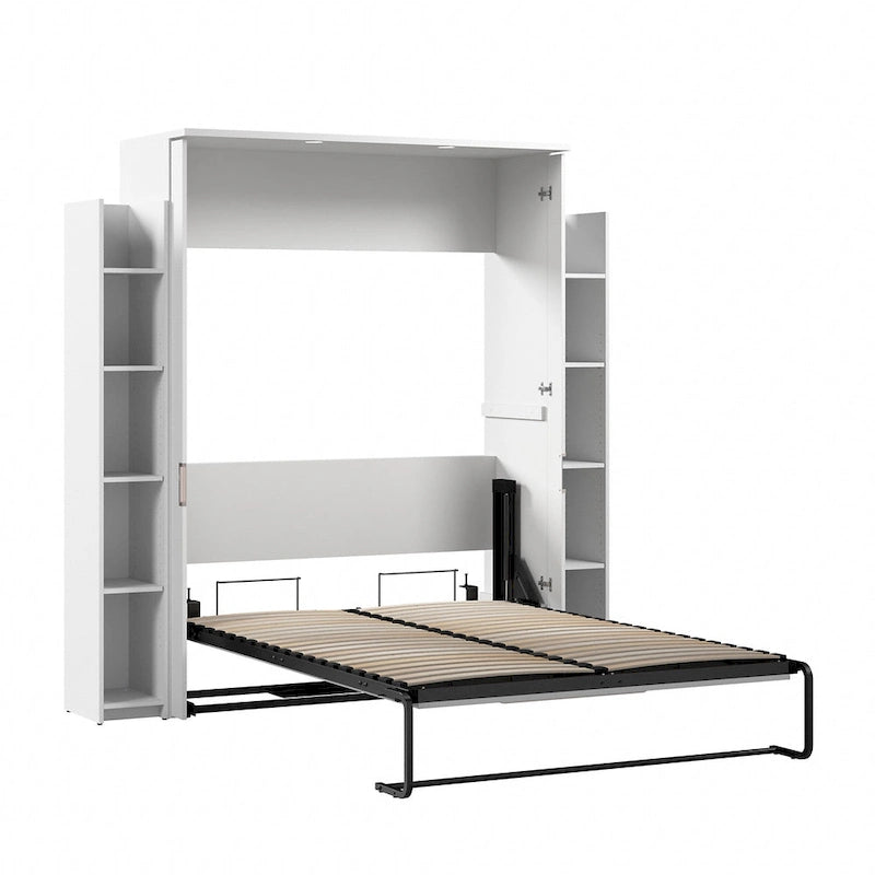White Full Size Wall Bed with Side Shelves and LED Lights