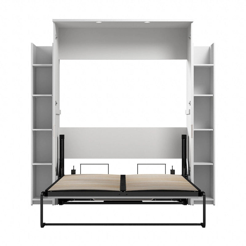 White Full Size Wall Bed with Side Shelves and LED Lights