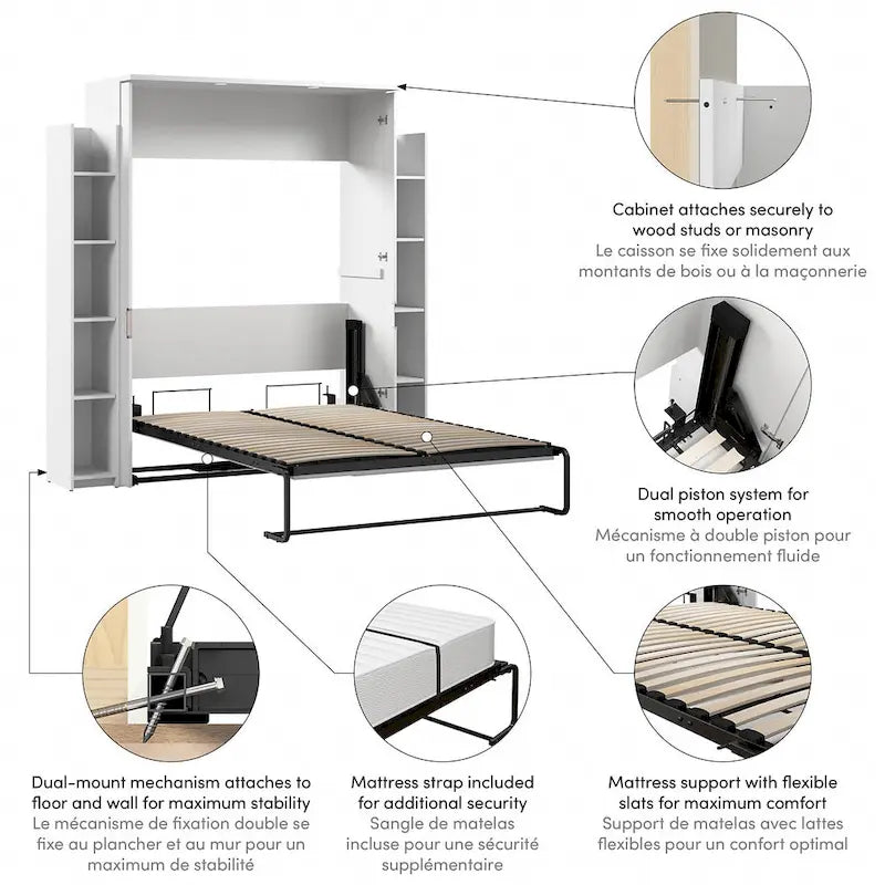 White Full Size Wall Bed with Side Shelves and LED Lights
