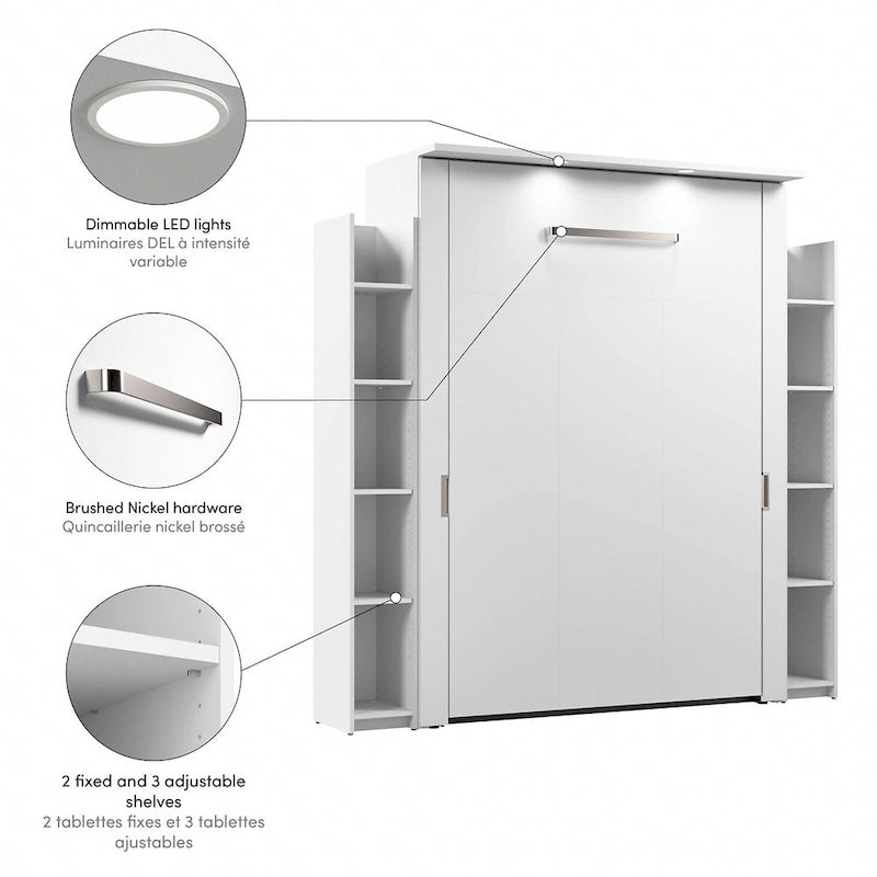 White Full Size Wall Bed with Side Shelves and LED Lights