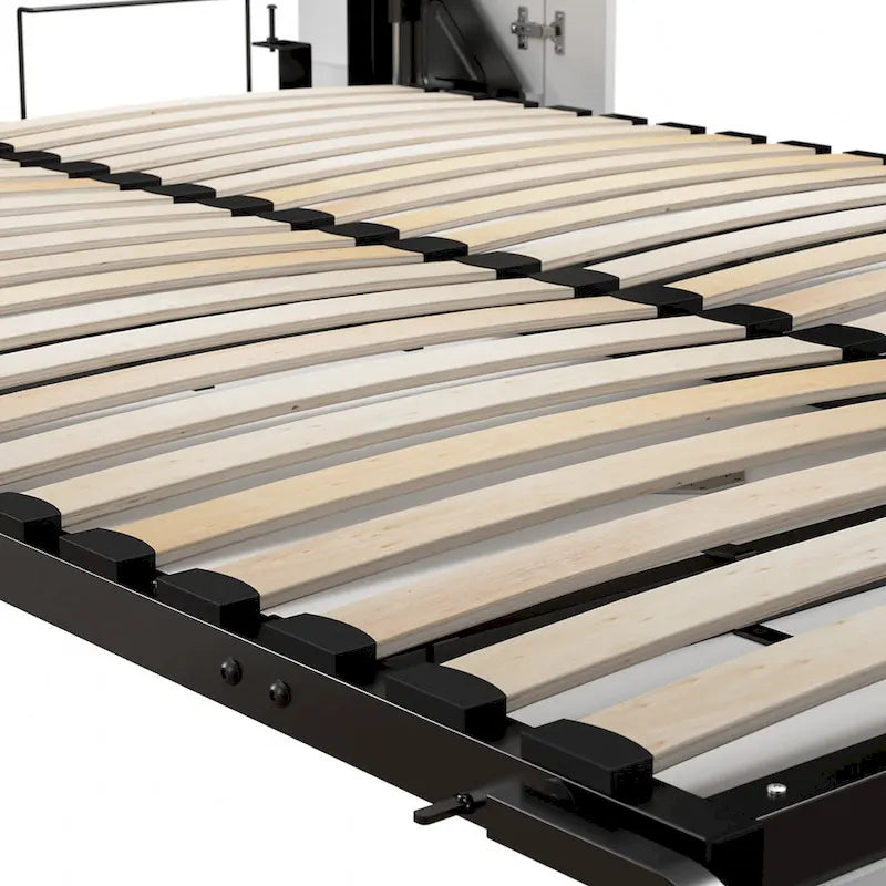 White Full Size Wall Bed with Side Shelves and LED Lights