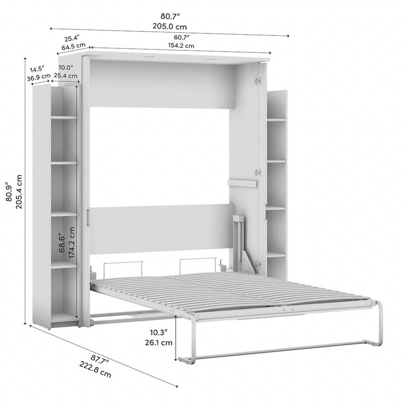 White Full Size Wall Bed with Side Shelves and LED Lights