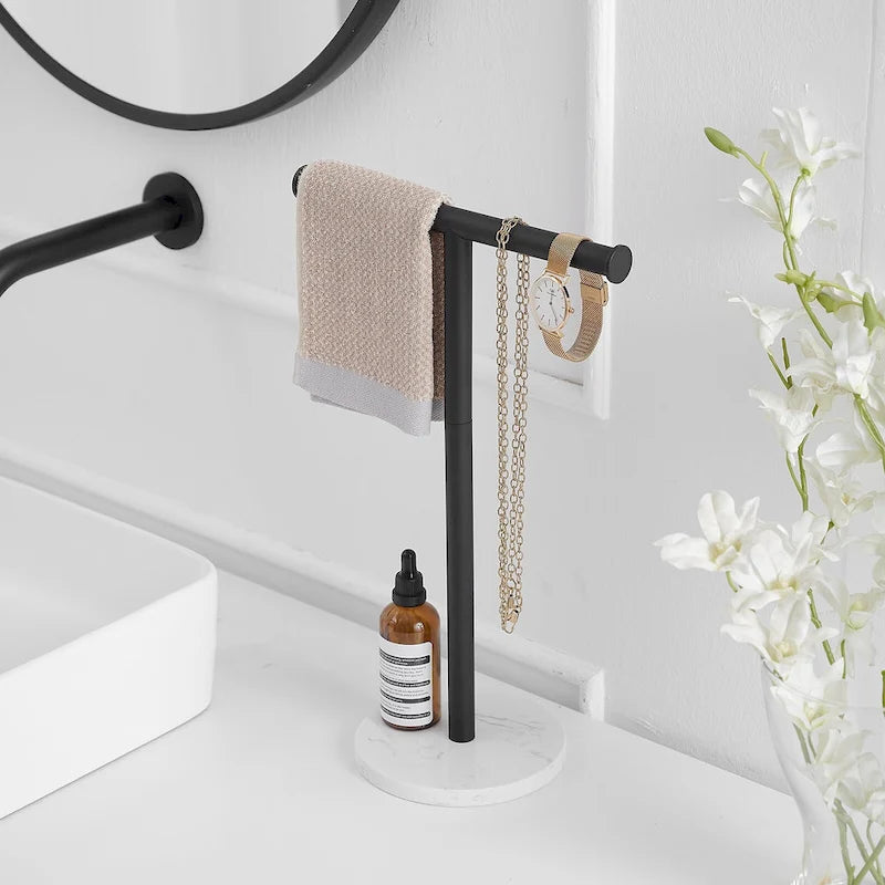 T-Bar Towel Rack with Marble Base, Freestanding Stainless Steel, Brushed Gold, Matte Black, Brushed Nickel