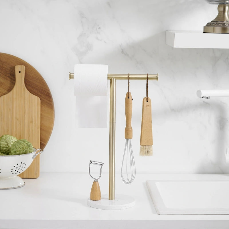 T-Bar Towel Rack with Marble Base, Freestanding Stainless Steel, Brushed Gold, Matte Black, Brushed Nickel