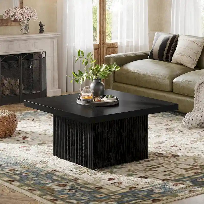 Black Square Wood Coffee Table with Textured Ribbed Base for Living Room