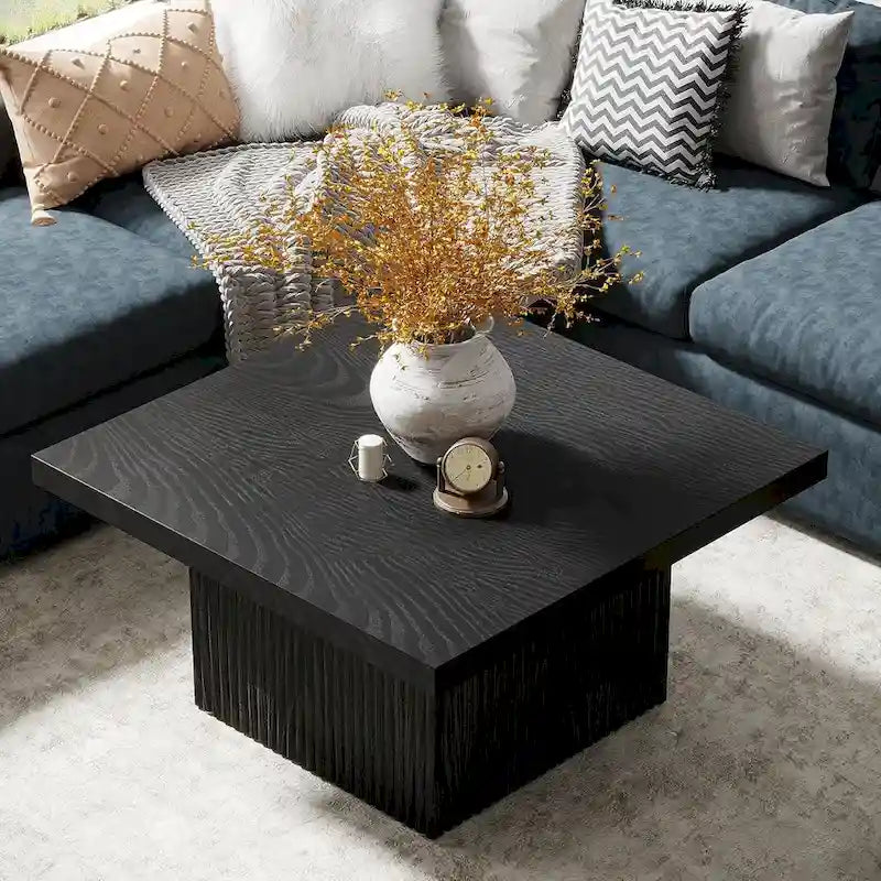 Black Square Wood Coffee Table with Textured Ribbed Base for Living Room