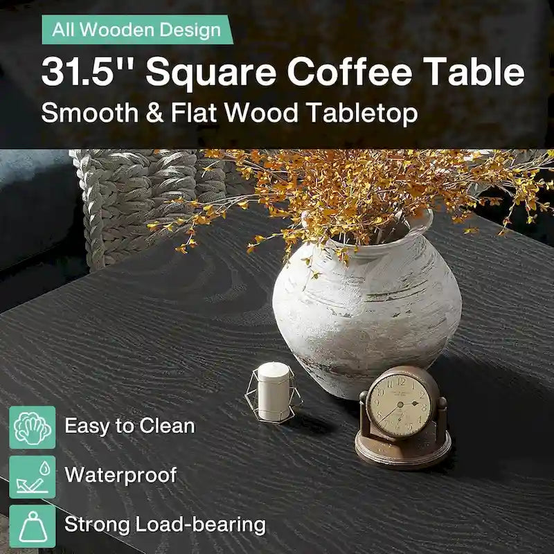 Black Square Wood Coffee Table with Textured Ribbed Base for Living Room
