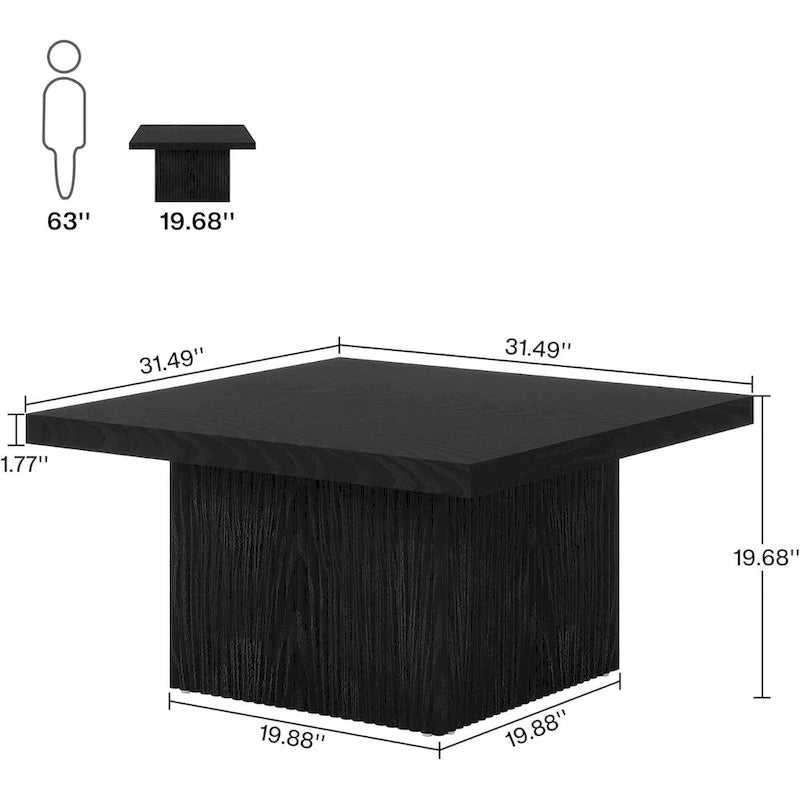 Black Square Wood Coffee Table with Textured Ribbed Base for Living Room