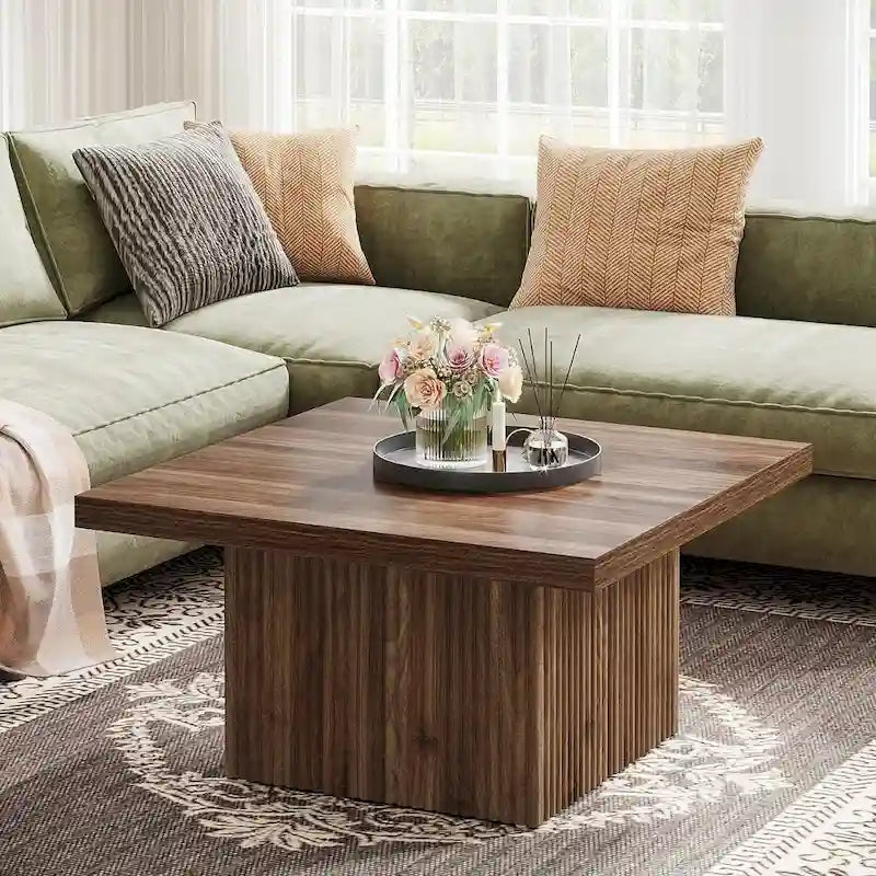 Black Square Wood Coffee Table with Textured Ribbed Base for Living Room