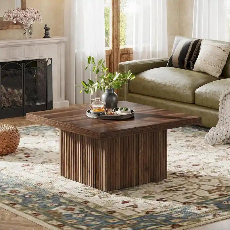 Black Square Wood Coffee Table with Textured Ribbed Base for Living Room