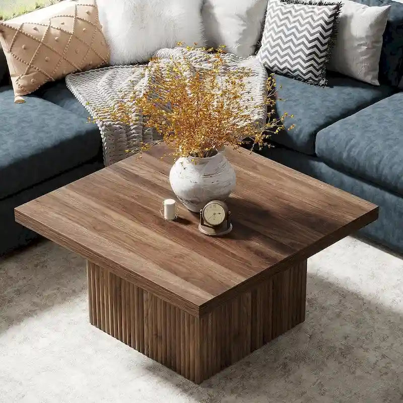 Black Square Wood Coffee Table with Textured Ribbed Base for Living Room