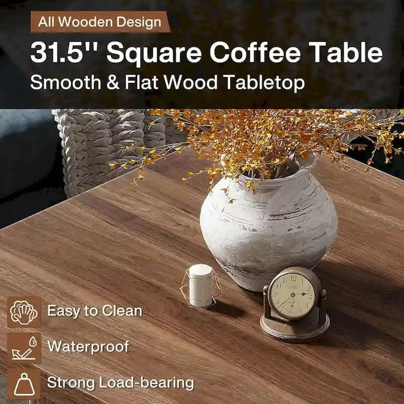 Black Square Wood Coffee Table with Textured Ribbed Base for Living Room