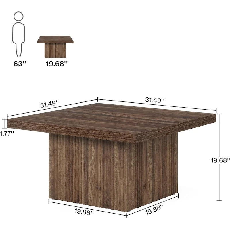 Black Square Wood Coffee Table with Textured Ribbed Base for Living Room