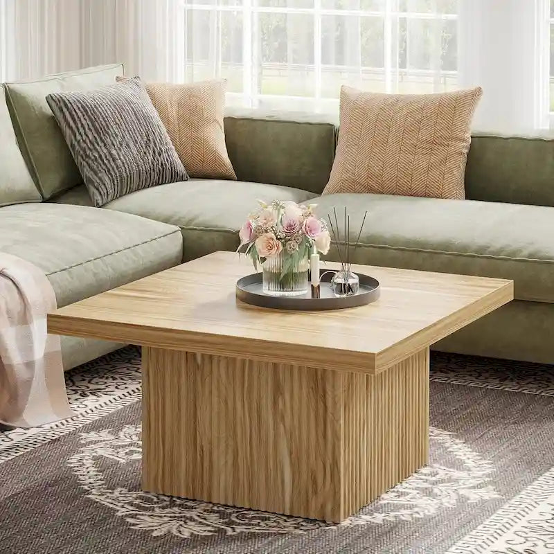 Black Square Wood Coffee Table with Textured Ribbed Base for Living Room