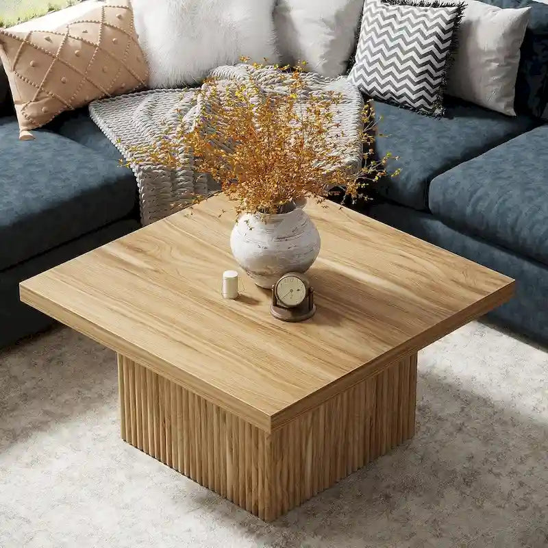 Black Square Wood Coffee Table with Textured Ribbed Base for Living Room