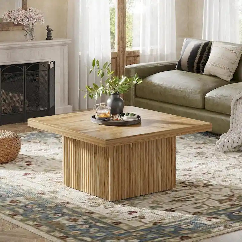 Black Square Wood Coffee Table with Textured Ribbed Base for Living Room