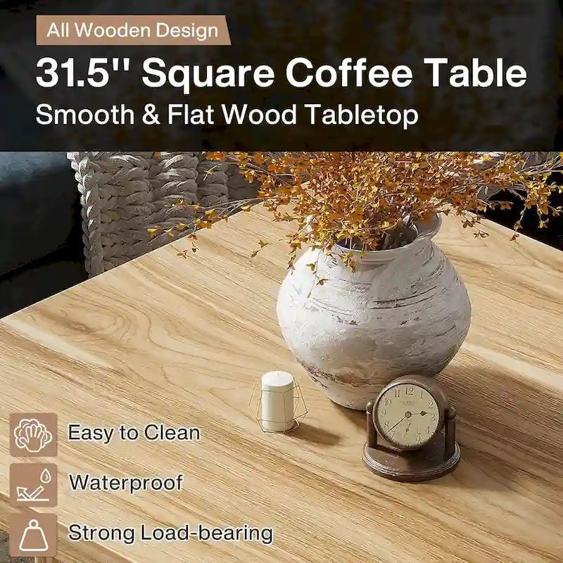 Black Square Wood Coffee Table with Textured Ribbed Base for Living Room
