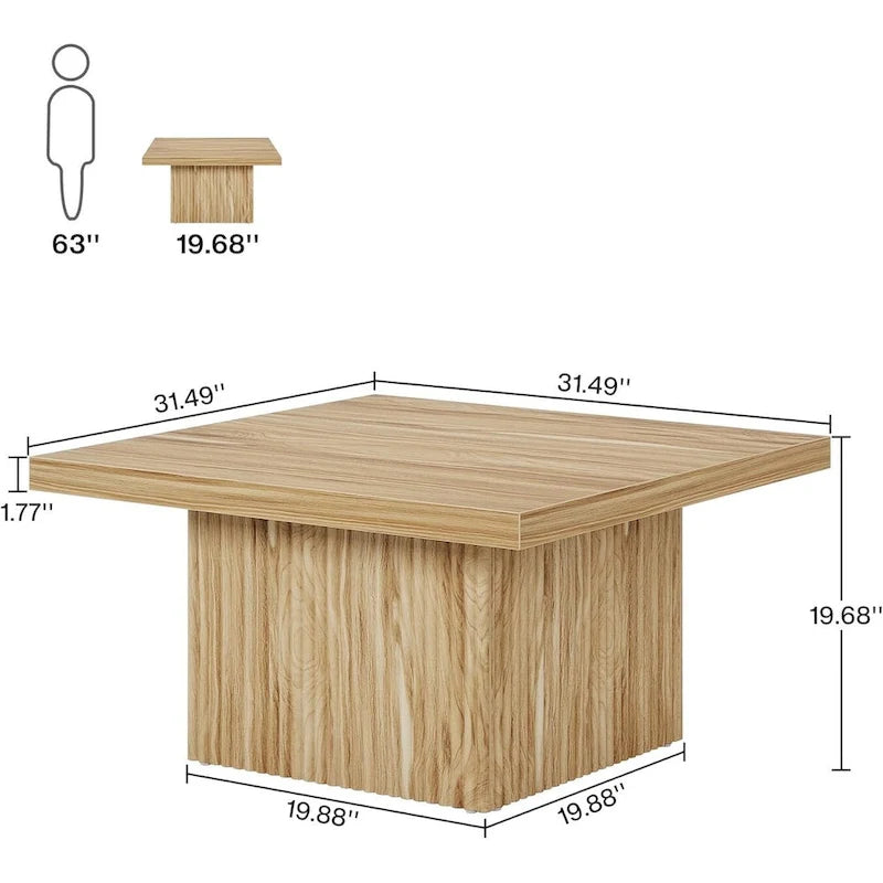Black Square Wood Coffee Table with Textured Ribbed Base for Living Room