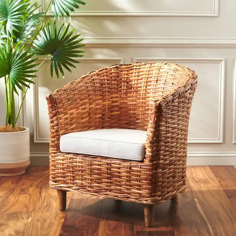 Honey Oak Woven Rattan Barrel Accent Chair with White Cushion