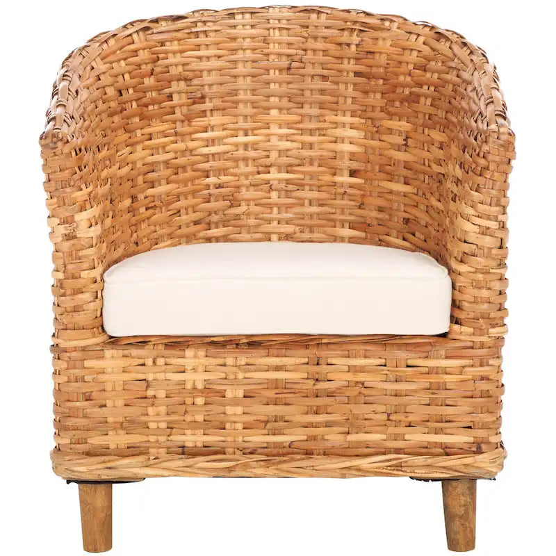 Honey Oak Woven Rattan Barrel Accent Chair with White Cushion