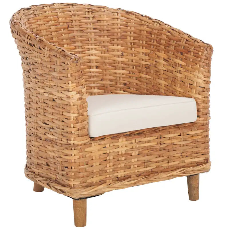 Honey Oak Woven Rattan Barrel Accent Chair with White Cushion