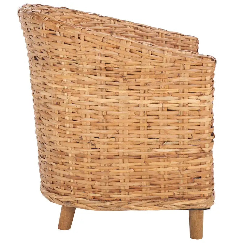 Honey Oak Woven Rattan Barrel Accent Chair with White Cushion