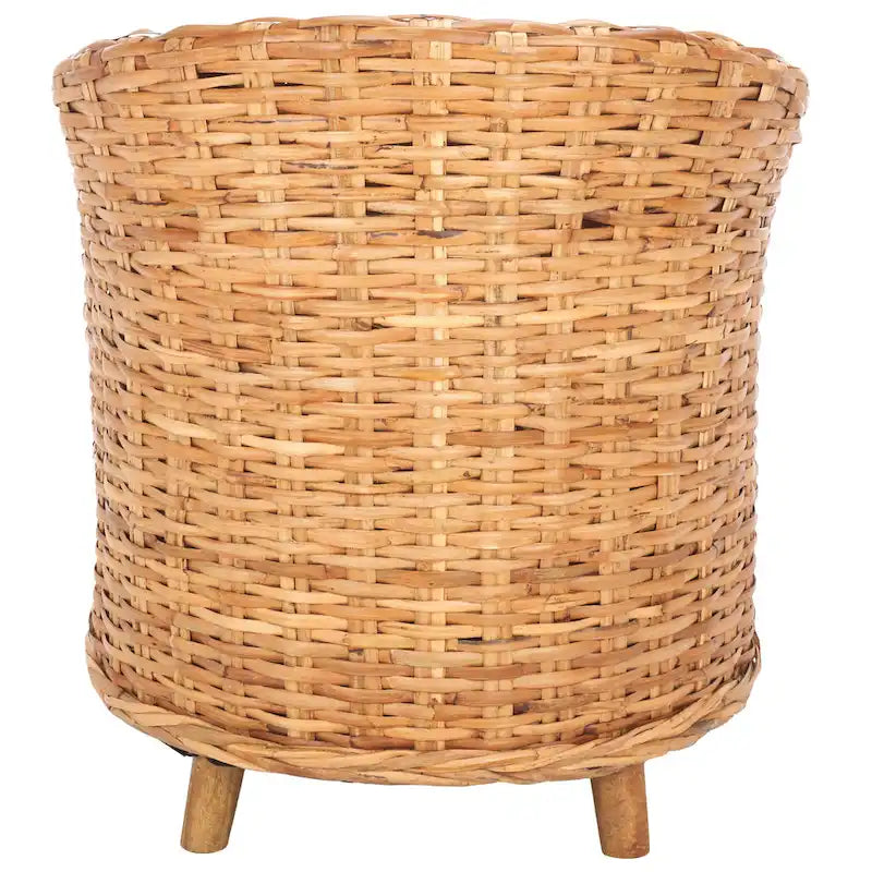 Honey Oak Woven Rattan Barrel Accent Chair with White Cushion