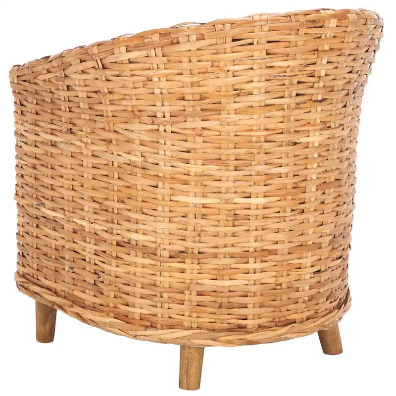 Honey Oak Woven Rattan Barrel Accent Chair with White Cushion