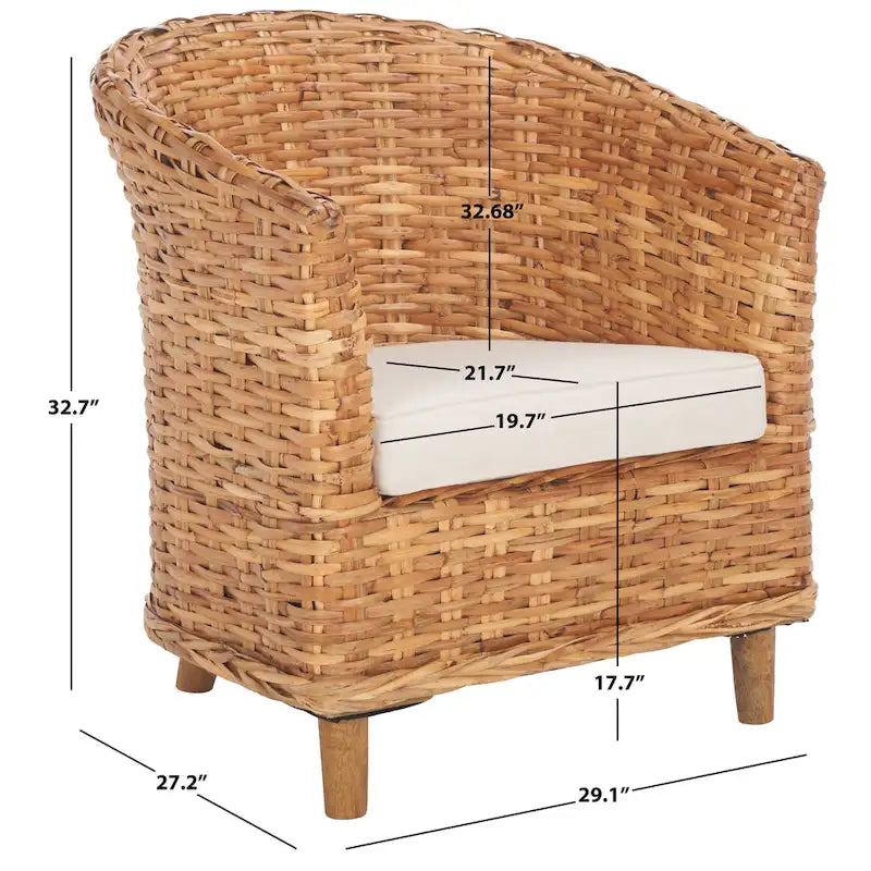Honey Oak Woven Rattan Barrel Accent Chair with White Cushion