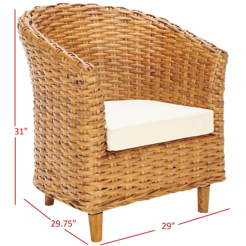 Honey Oak Woven Rattan Barrel Accent Chair with White Cushion
