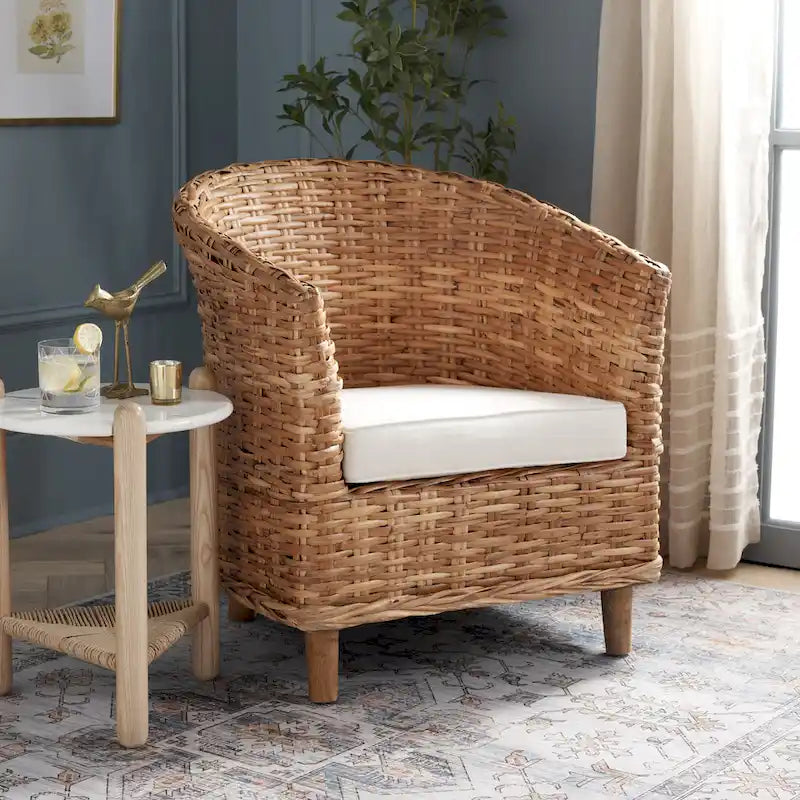 Honey Oak Woven Rattan Barrel Accent Chair with White Cushion