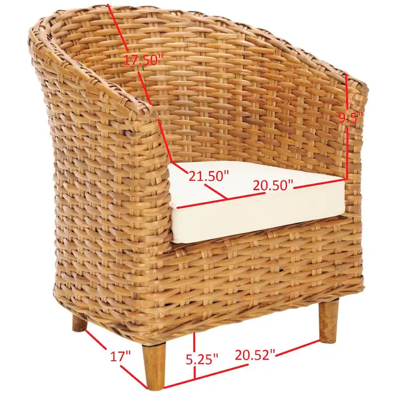 Honey Oak Woven Rattan Barrel Accent Chair with White Cushion