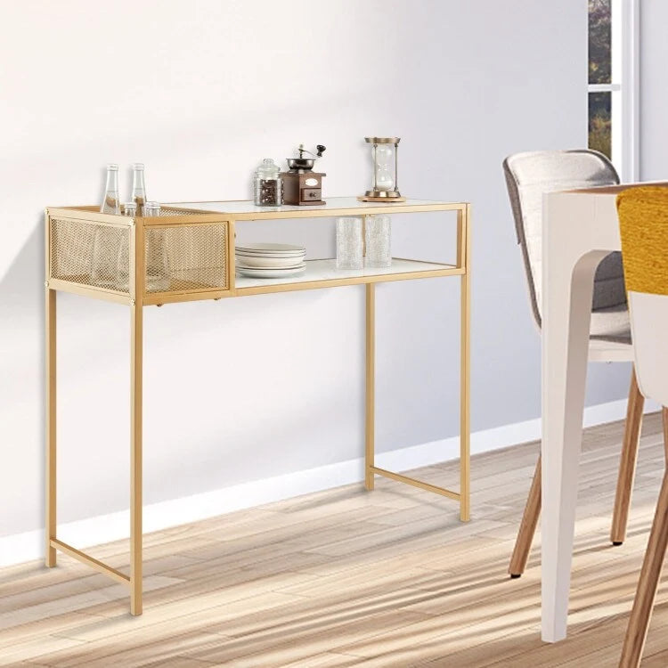 White Gold Faux Marble Console Table with Wire Basket and Open Shelf