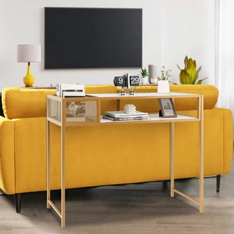 White Gold Faux Marble Console Table with Wire Basket and Open Shelf