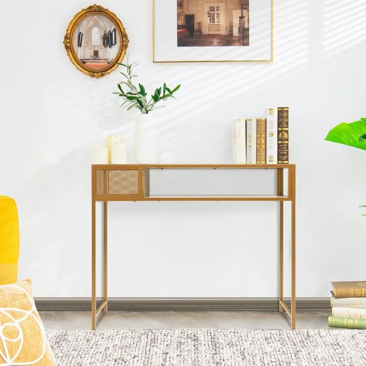 White Gold Faux Marble Console Table with Wire Basket and Open Shelf