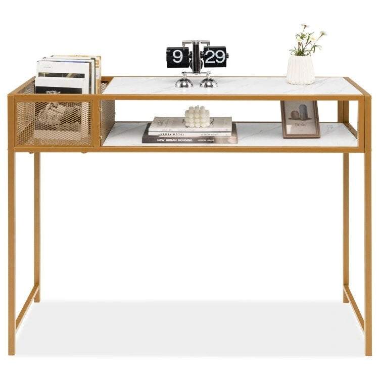 White Gold Faux Marble Console Table with Wire Basket and Open Shelf