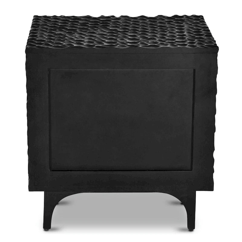 Black Handcrafted Solid Wood Nightstand with Carved Texture and Soft-Close Drawers