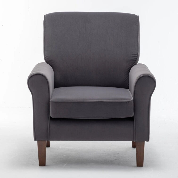 Velvet Upholstered Accent Armchair with Rolled Arms and Solid Wood Legs