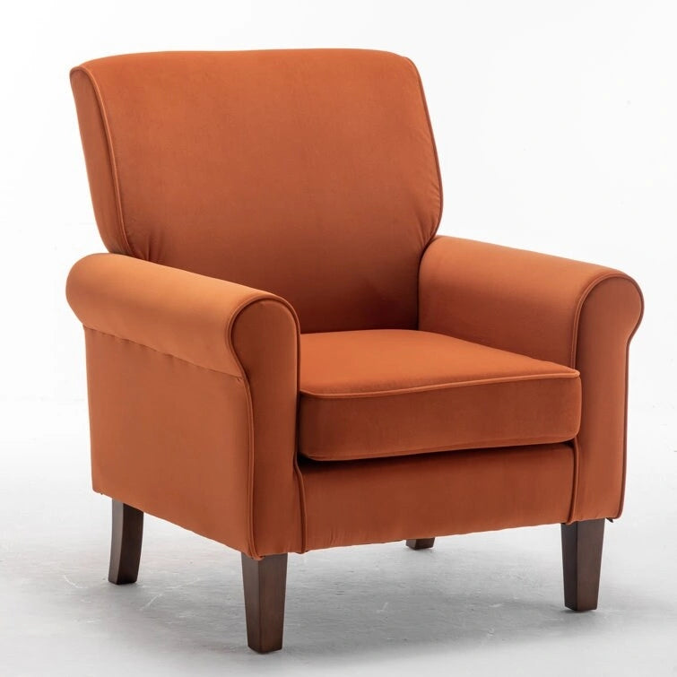 Velvet Upholstered Accent Armchair with Rolled Arms and Solid Wood Legs