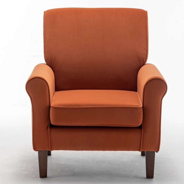 Velvet Upholstered Accent Armchair with Rolled Arms and Solid Wood Legs