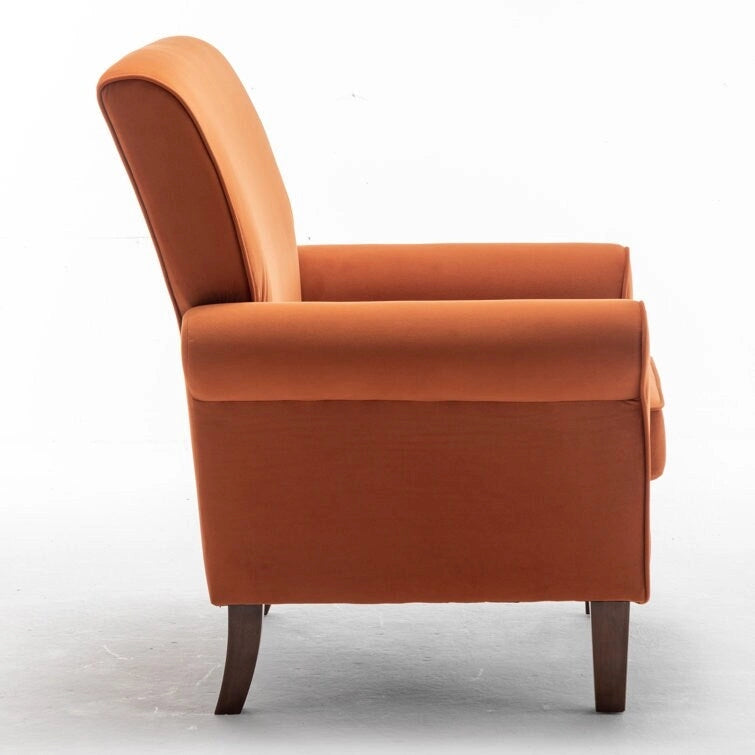 Velvet Upholstered Accent Armchair with Rolled Arms and Solid Wood Legs