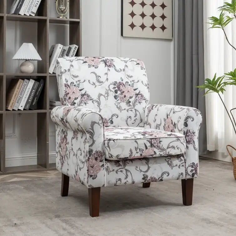 Velvet Upholstered Accent Armchair with Rolled Arms and Solid Wood Legs