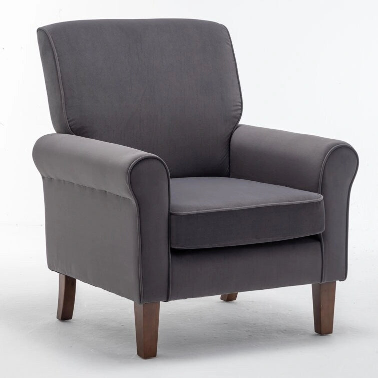 Velvet Upholstered Accent Armchair with Rolled Arms and Solid Wood Legs