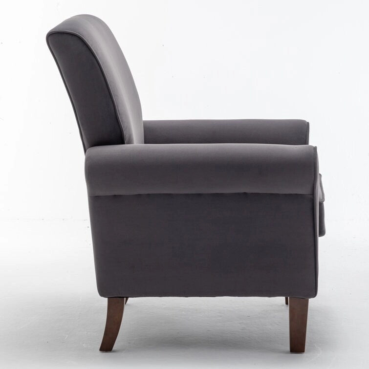 Velvet Upholstered Accent Armchair with Rolled Arms and Solid Wood Legs